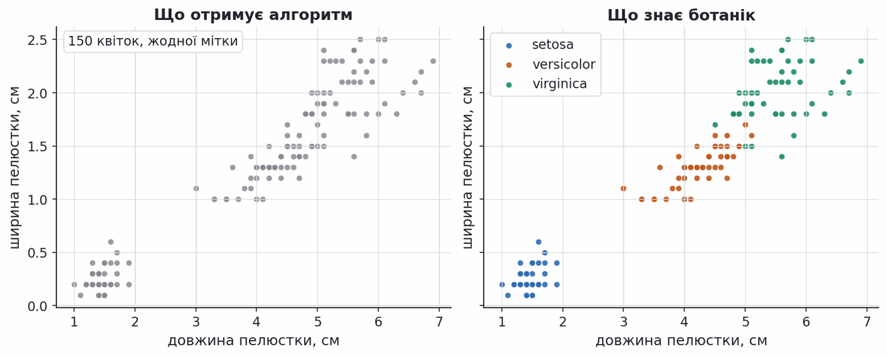 iris petal measurements with and without species labels