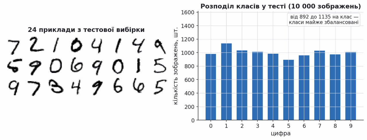 MNIST sample digits and class balance